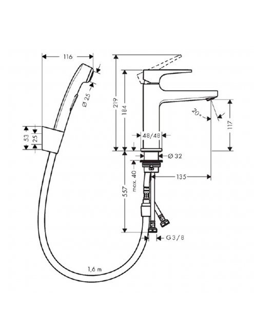 Смеситель Hansgrohe Metropol 32522000 для раковины с гигиеническим душем, с донным клапаном Push-Open