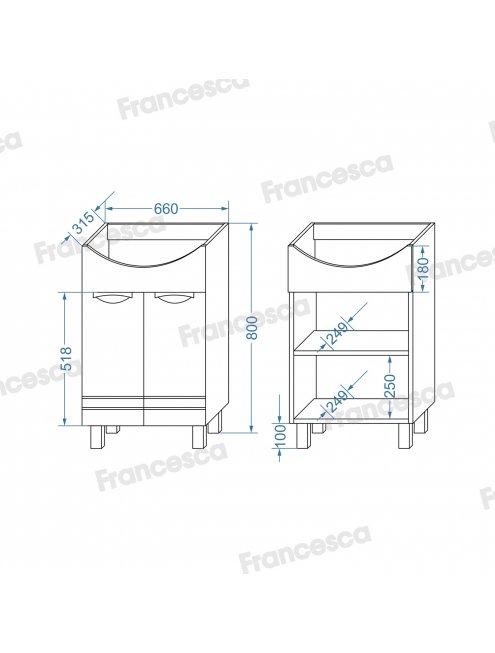 Тумба с раковиной Francesca Доминго 70 2 двери, с подсветкой (ум. Балтика 70)