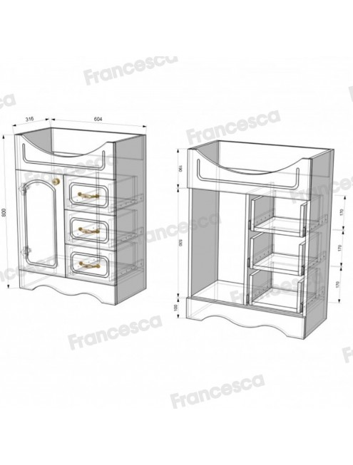 Комплект мебели для ванной комнаты Francesca Avanti Империя 65, с ящиками, правый