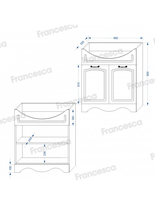 Тумба с раковиной Francesca Avanti Империя 70 белый (2 двери, ум. Балтика 70), с подсветкой