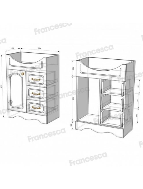 Тумба с раковиной Francesca Империя 65 белый (1дв+3ящ, ум. Элеганс 65) с подсветкой